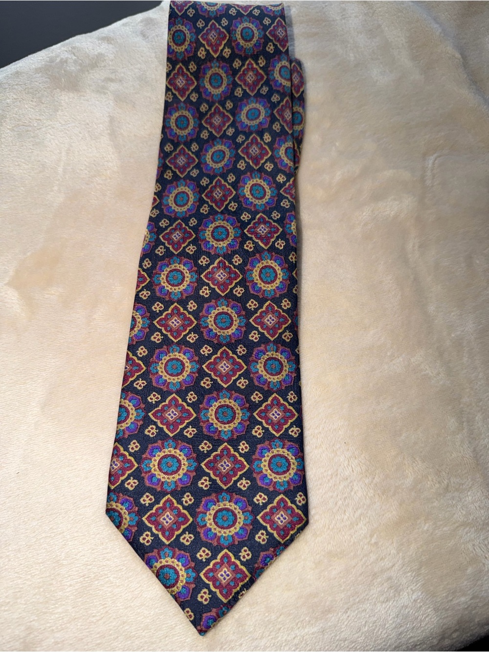 Men's Patterned Silk Tie in Navy with Multicolor Medallions